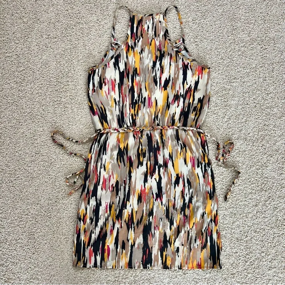 BANANA REPUBLIC Halter A Line Dress Macrame Neck and Belt Black Tan 4